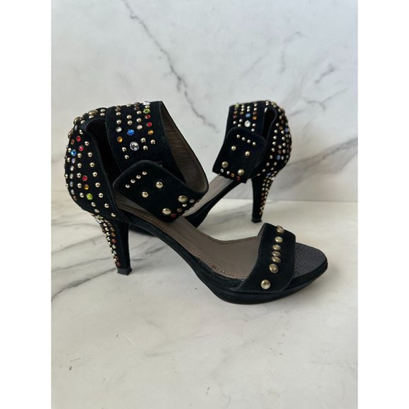 Versace Shoes - VERSACE Black Suede Multicolor Rhinestone Ankle Strap Heels Size 37
